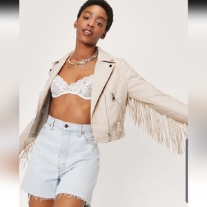 Copperose Faux Leather Fringed Moto Jacket Women's S Cream